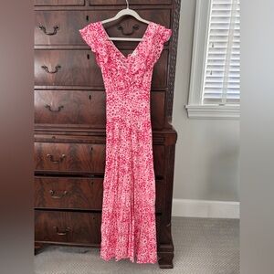 NWT Poupette St. Barth Pink Floral Ruffle-Shoulder Maxi Dress